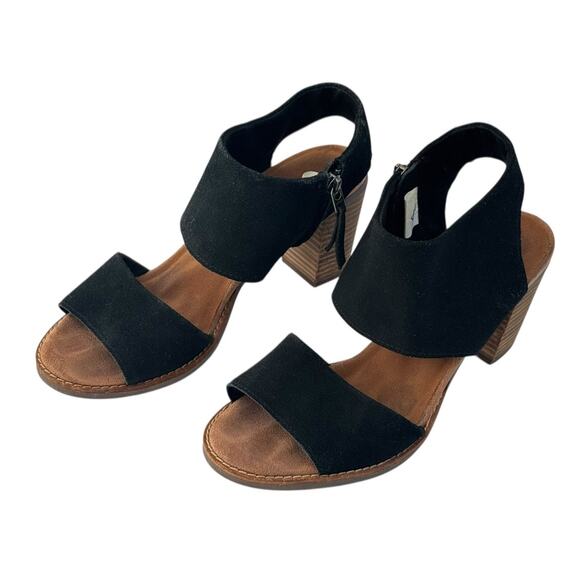 TOMS Majorca Cutout Black Heeled Sandal Suede Block Wood Heel Peeptoe Women’s 8 - Picture 3 of 13